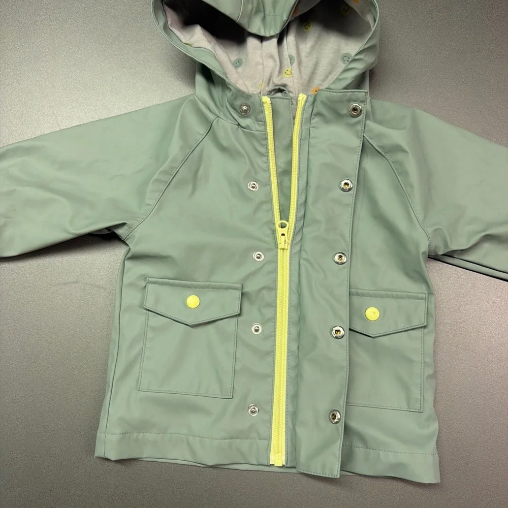Wonder Nation Baby Raincoat Sage Green Hooded Smiley Face Lining 12M Rain Jacket
